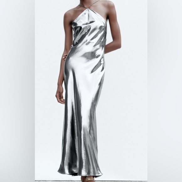 Zara Dresses & Skirts - Zara Metallic silver, sparkly rhinestone strap maxi dress Size small